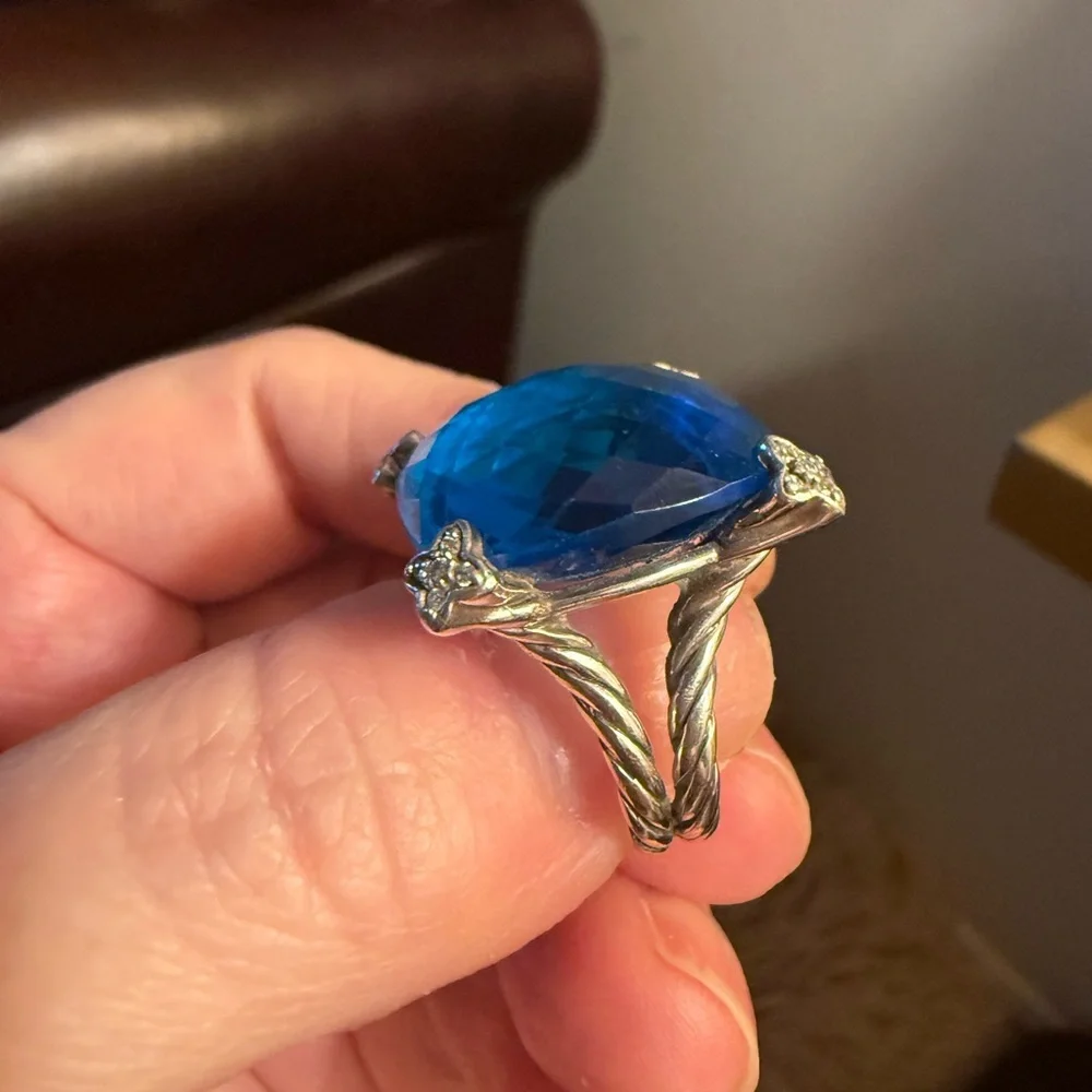 David Yurman 20 MM Blue Topaz & Diamond Cushion On Point Ring - Picture 5 of 7